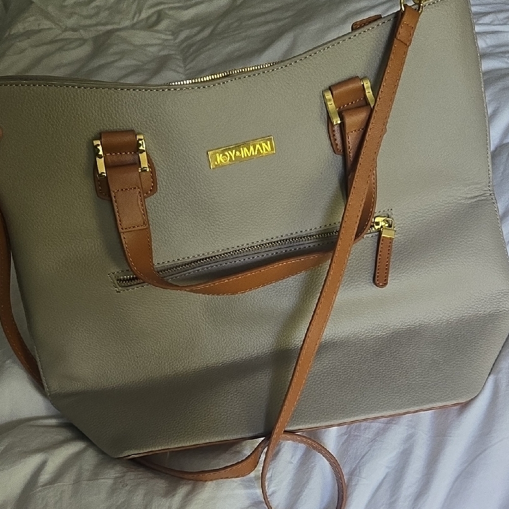 Gray and Brown Tote Bag with Gold Accents